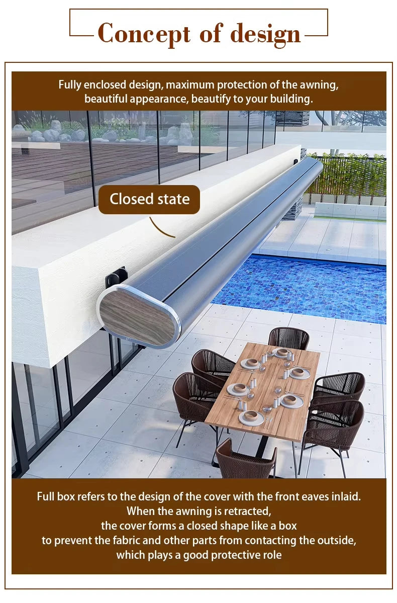 Modern outdoor retractable aluminum patio awning, awning can be customized in style,