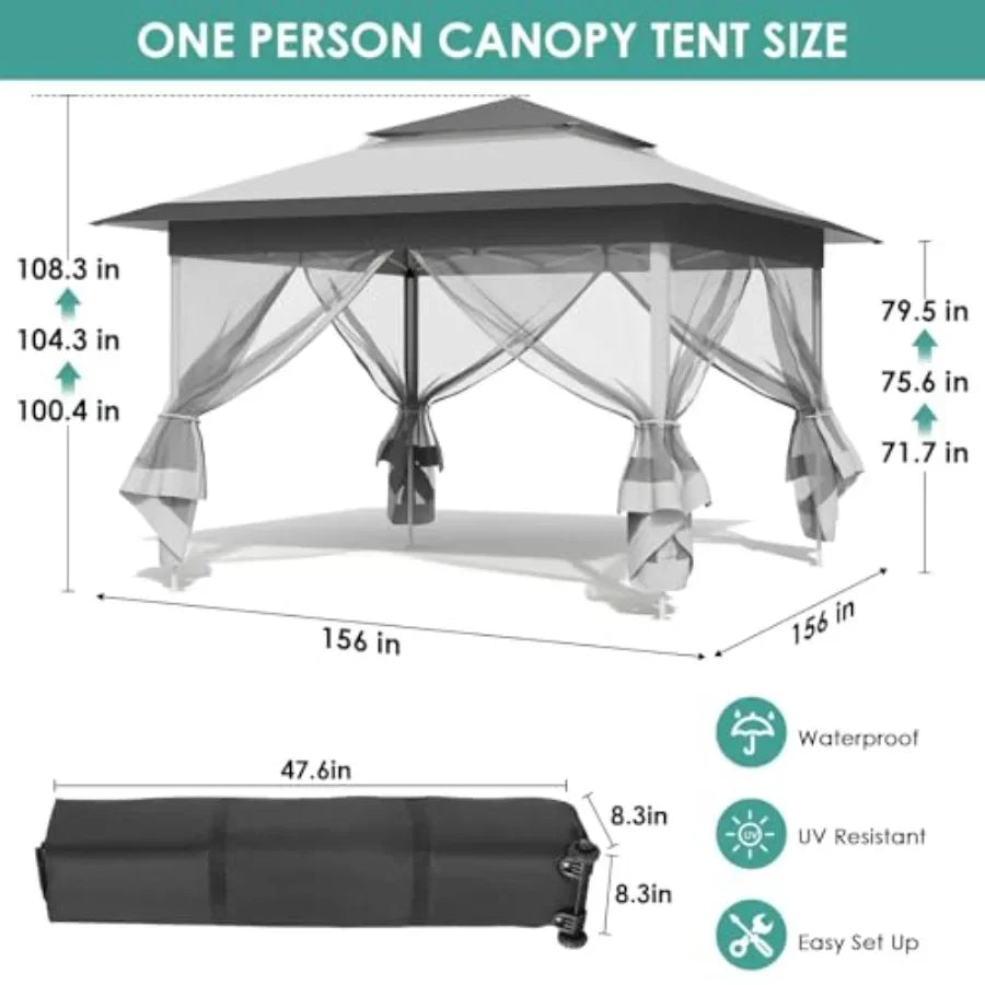 13Feet Pop Up Gazebo Outdoor   Tent w/4 Netting Sidewall Auto Extending Eave Patio Gazebos Shelter w/Mesh Wall Center Lock Whee