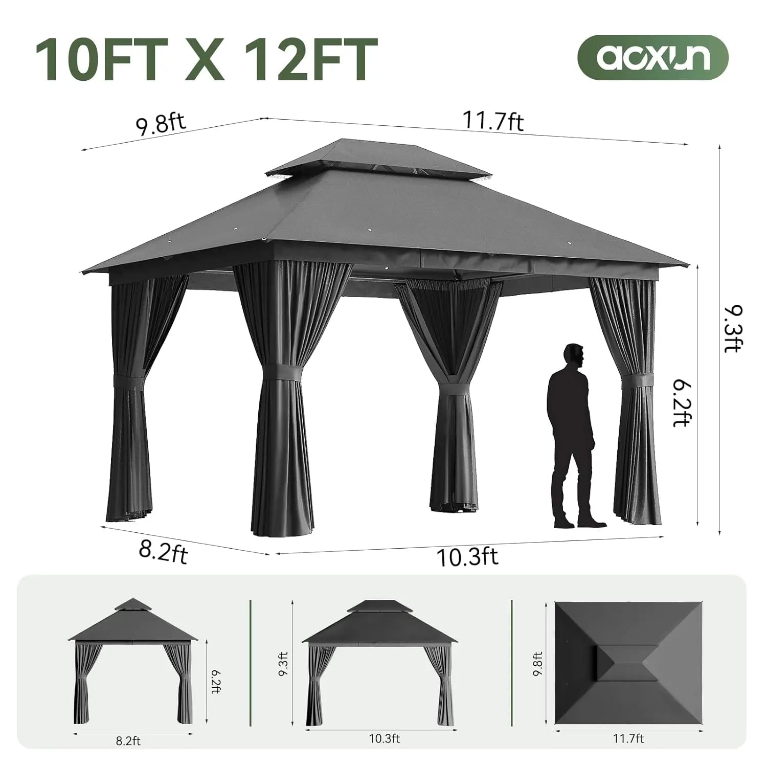 Gazebo extérieur 10x12 pieds avec ventilateur de plafond de 20 pouces, structure métallique, double toit, tente de réception robuste, personnalisable
