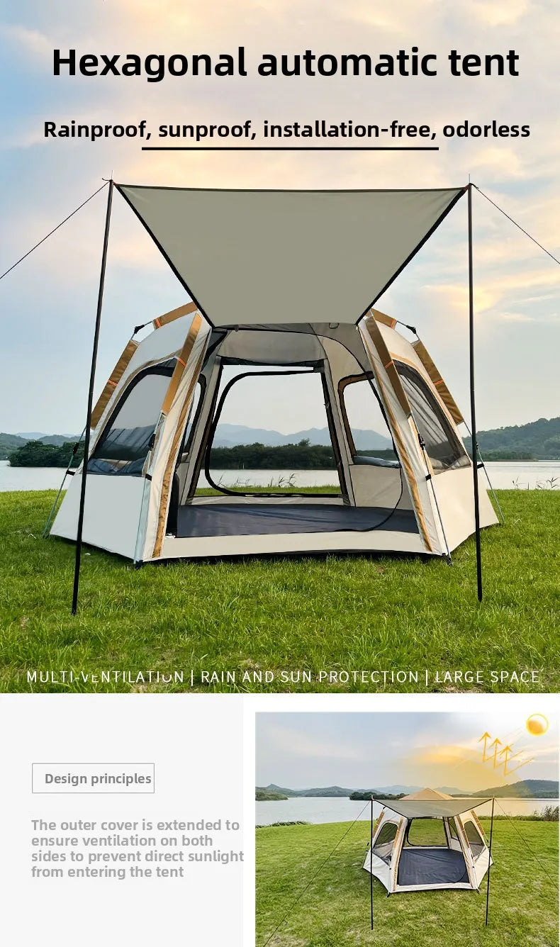 Portable Hexagon Pop Up Tent Outdoor 1 Room 1 Living Space Easy Setup Ventilated Park Camping Canopy Sunshade Party Tent