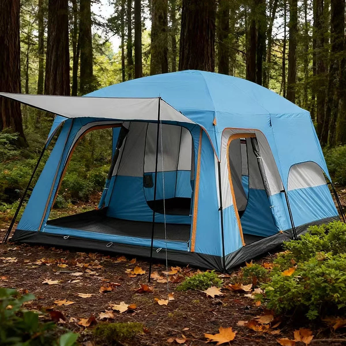 4/8/12-person outdoor family camping tent with a removable awning; spacious interior accommodates multiple people; multiple mesh windows provide ventilation and keep out mosquitoes; windproof, waterproof, and UV-resistant; su