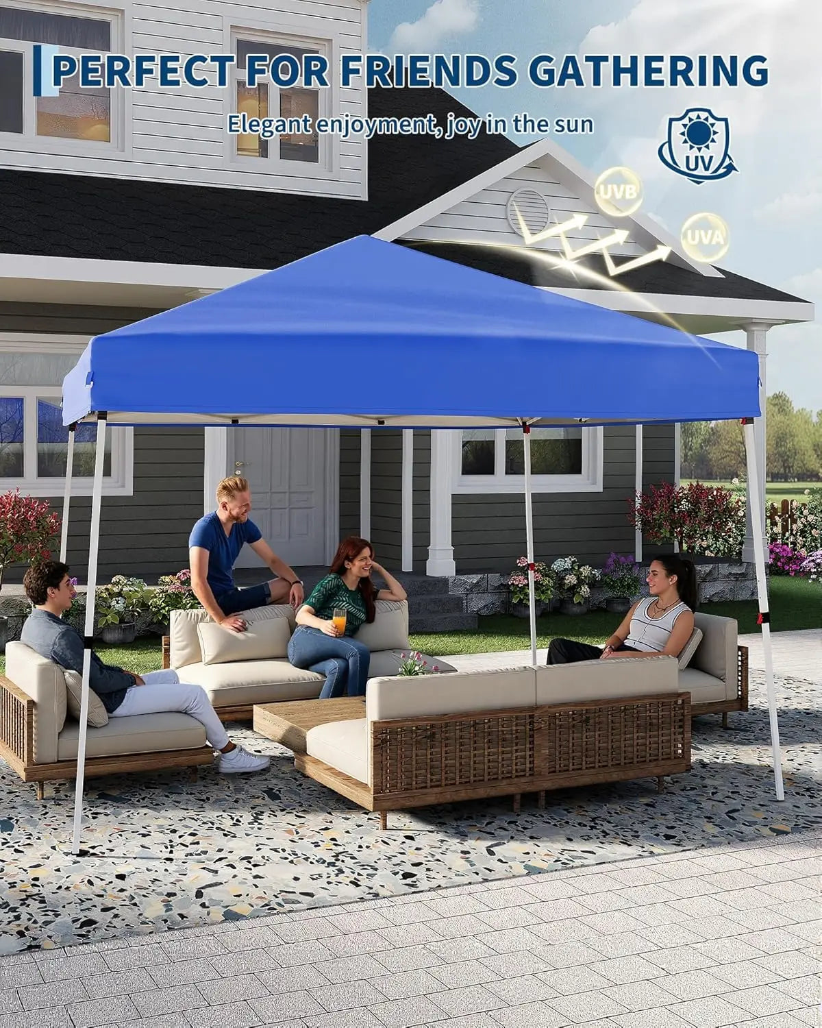 Pop Up Canopy Tent 10x10 FT, Slant Leg Waterproof Outdoor Gazebo, UV50+ Protection, 3 Height Adjustable, Easy Setup, Portable Shelter with Carry Bag for Patio, Garden, Beach, Parties - Blue