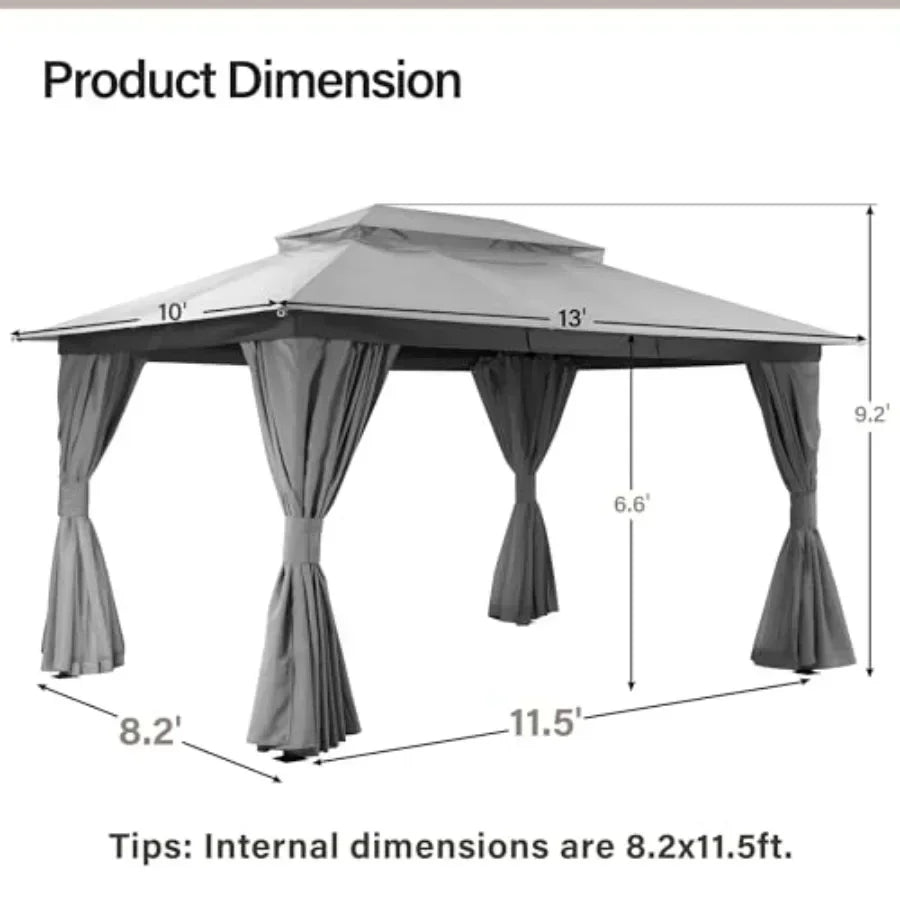 Gazebo 10x13ft Heavy Duty Patio Gazebo with Expansion Bolts Party  Tent with Double Roofs Mosquito Nettings and Privacy Sns for
