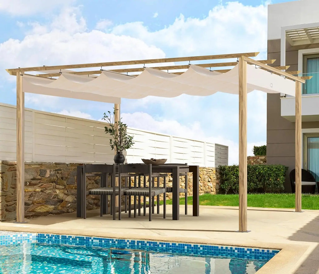 10' X 13' Outdoor Retractable Pergola Canopy for Deck, Backyard, Patio, Aluminum Pergola with Sun Canopy, Includes Ground Studs