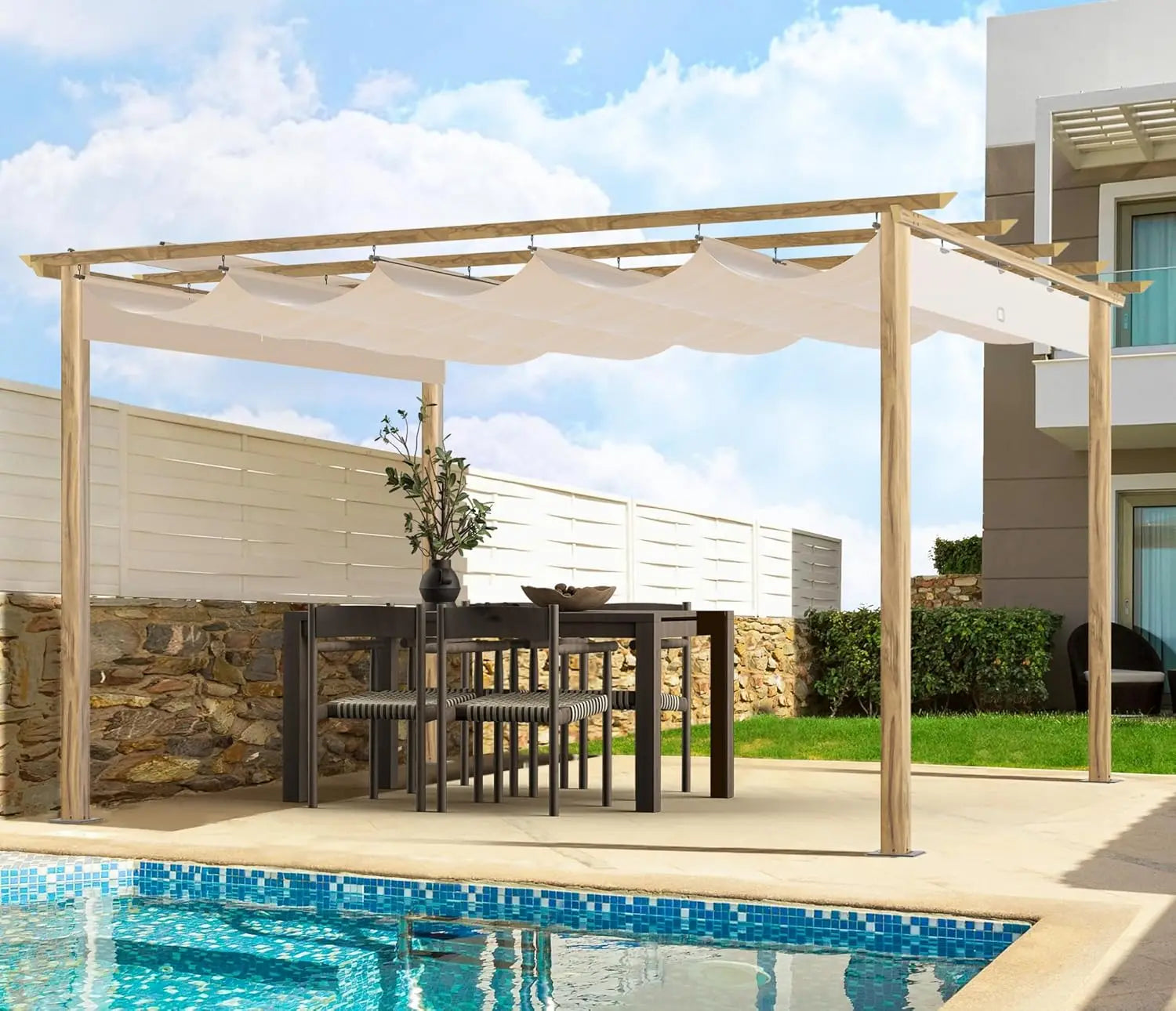 10' X 13' Outdoor Retractable Pergola Canopy for Deck, Backyard, Patio, Aluminum Pergola with Sun Canopy, Includes Ground Studs