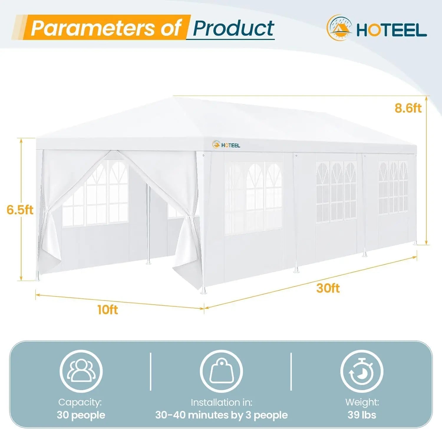 10x30 Party Tent, 300 Sq Ft Outdoor Canopy Holds 40+ Guests, with 8 Sidewalls & 2 Zipper Doors for Wedding, BBQ, Baby Shower
