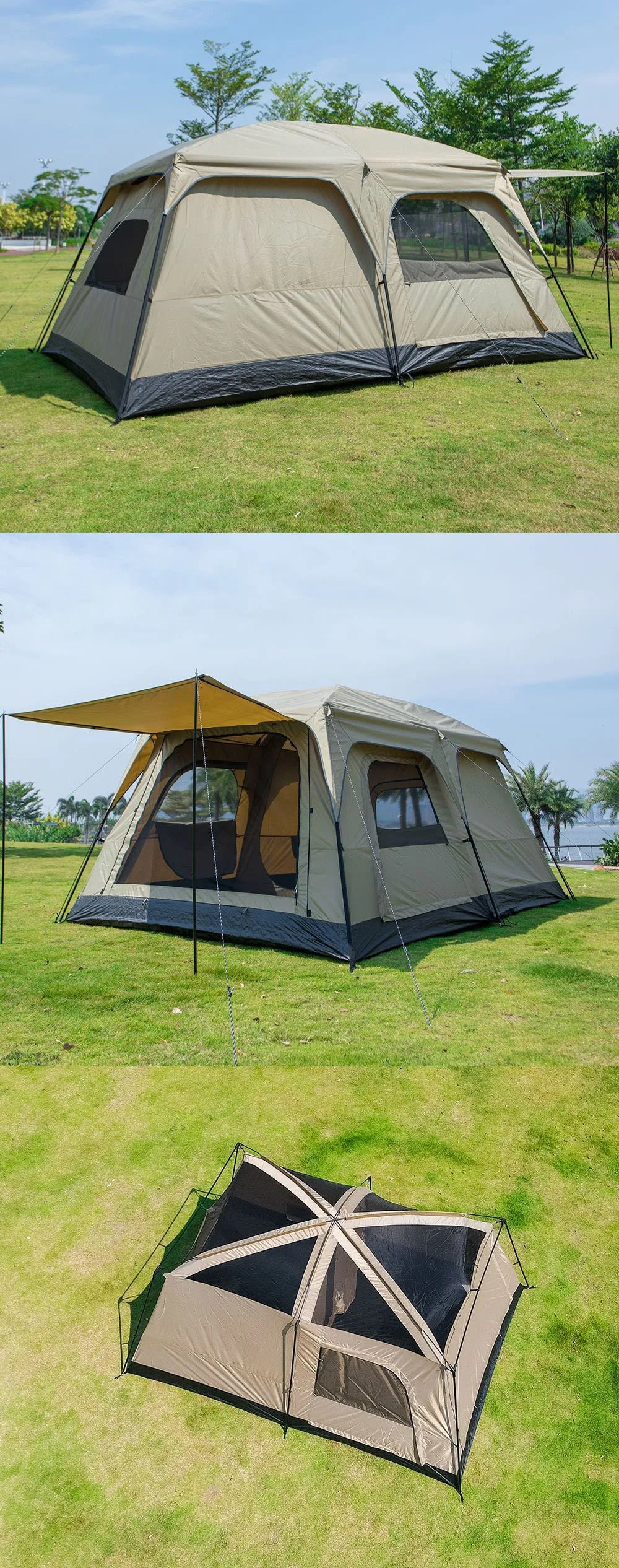 4/8/12-person large outdoor camping tent with a front awning; waterproof and UV-resistant. Features multiple mesh windows for excellent ventilation and mosquito protection; suitable for a variety of settings and all four seas