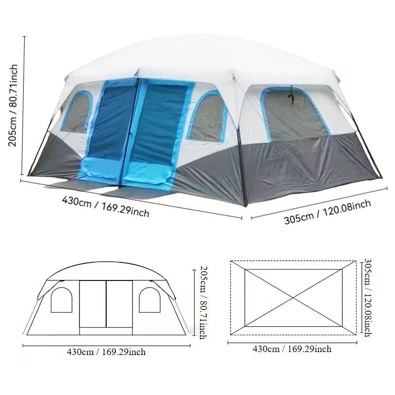 4/8/12-Person Extra-Large Camping Tent Spacious interior perfect for group trips. Waterproof, UV-resistant, and windproof. 360° mesh ventilation keeps out insects. Ideal for picnics, vacations, and lakeside relaxation. Suita