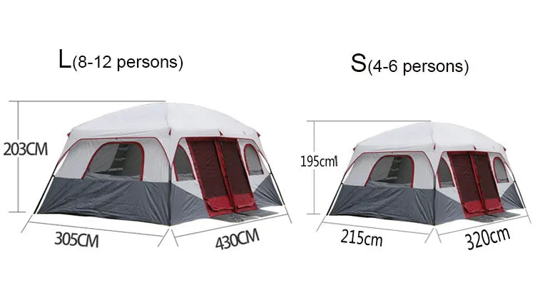 Outdoor Tent 2 Rooms Double Layer Family Camping Party 8-12 Persons Waterproof Windproof Top Rainfly Mesh Windows Portable Bag