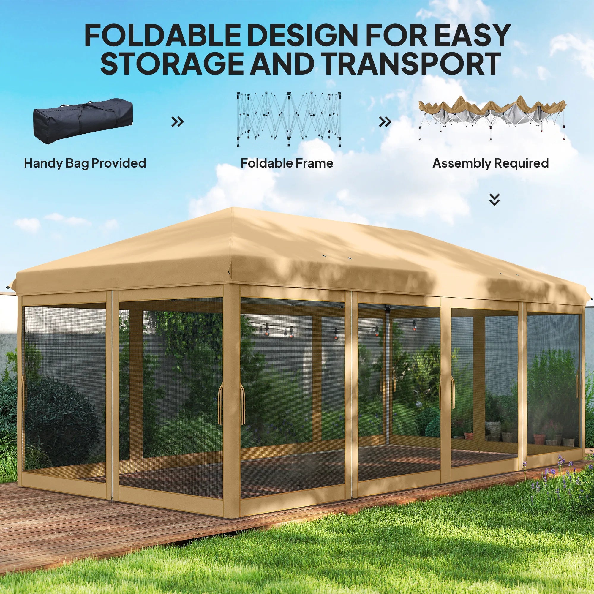 10x20 Pop Up Canopy Tent Water Resistant with Mesh Netting Heavy Duty Instant Sun Shelter Large Portable for Patio Garden Beige