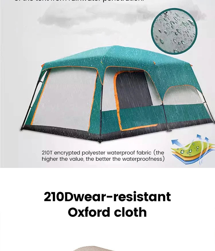 Outdoor Camping Tent for 3-12 People, Double Layers, Oversized 2 Rooms, Thickened, Rainproof, Waterproof Family Tent, Large Tent