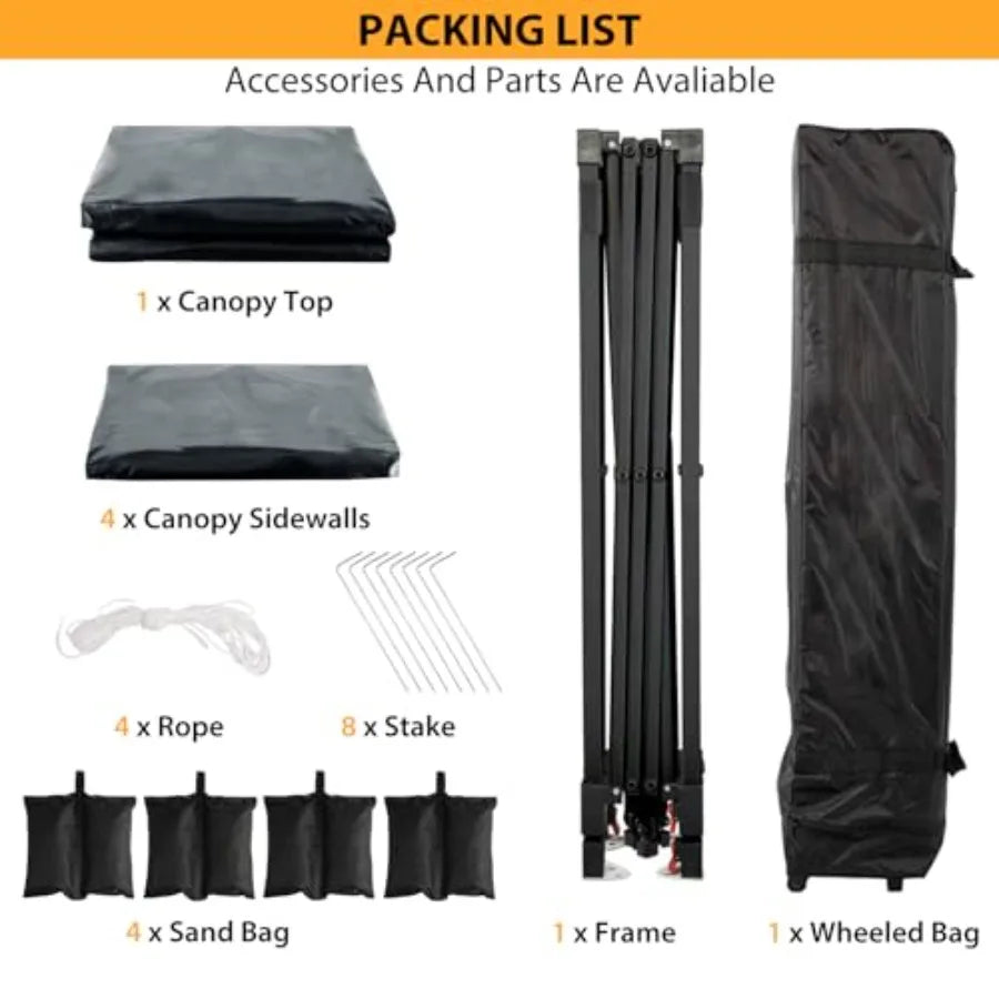 Outdoor party tent with 10x10 pop-up canopy, black polyester fabric, one-button push setup, 3-height adjustment, includes 4 sid