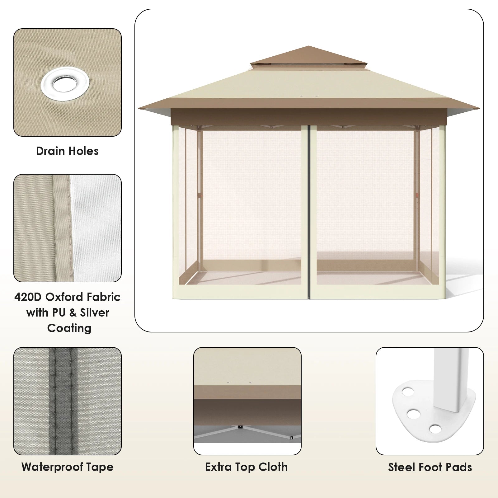 Gazebo 3.3x3.3m Waterproof Stable Pop Up Folding Gazebo, Adjustable Garden Gazebo with 4 Mosquito Net Side Panels & Double Roof