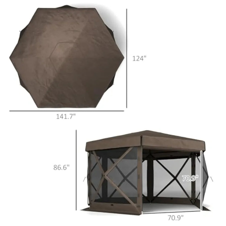 12' x 12' Hexagonal Pop Up Gazebo  Tent with 5 Sidewalls Waterproof Portable Outdoor  Shelter in Beige with Curtains Carry Bag