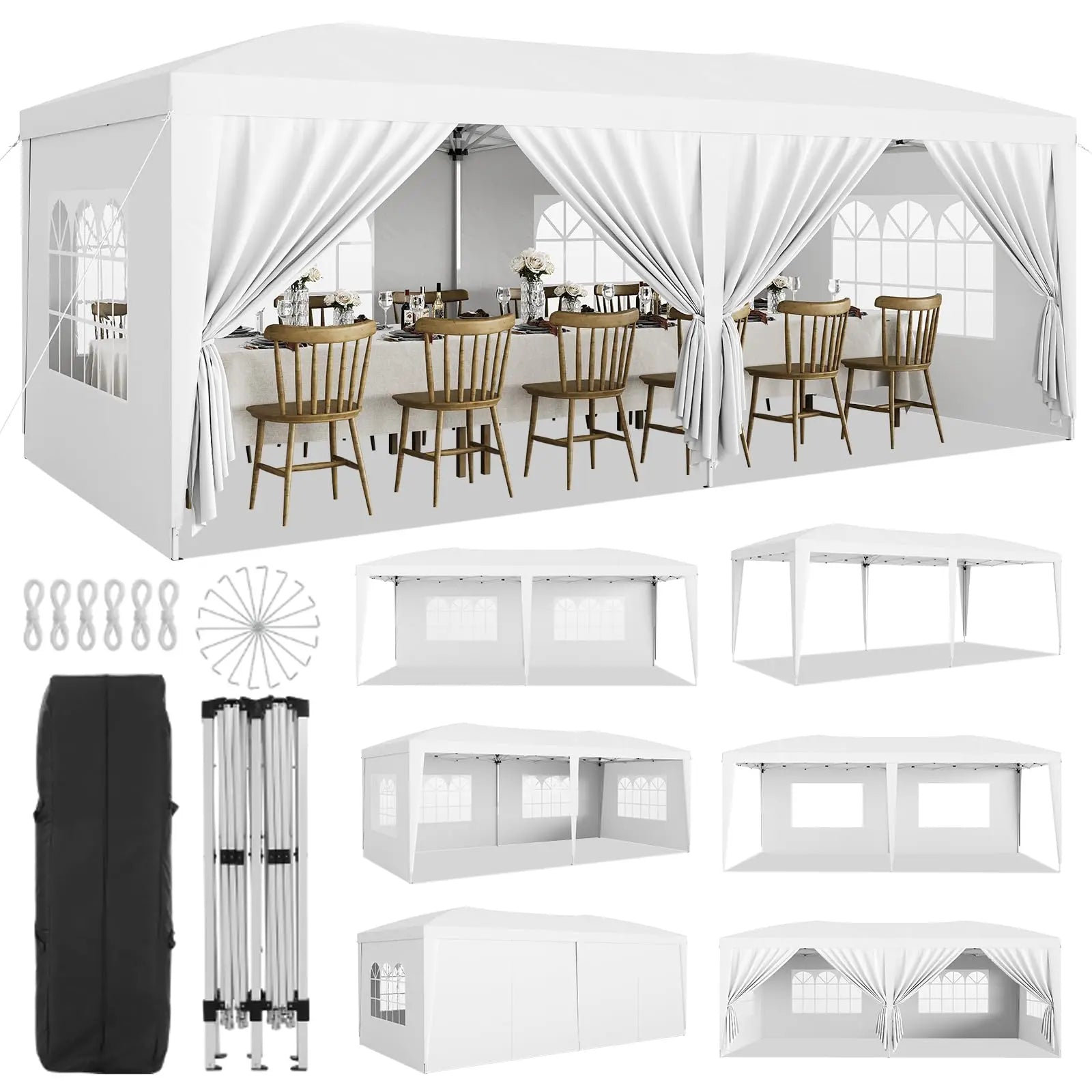Tente pop-up 10x20 pieds, abri imperméable robuste avec 6 parois latérales amovibles, gazebo portable blanc pour fêtes, mariages, camping, jardin