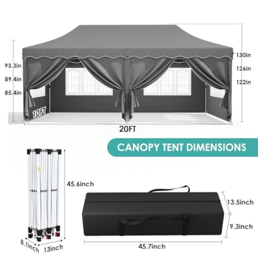 Tente pop-up 10x20 pieds avec 6 parois latérales, tente de réception robuste, hauteur réglable, grand gazebo commercial, protection solaire