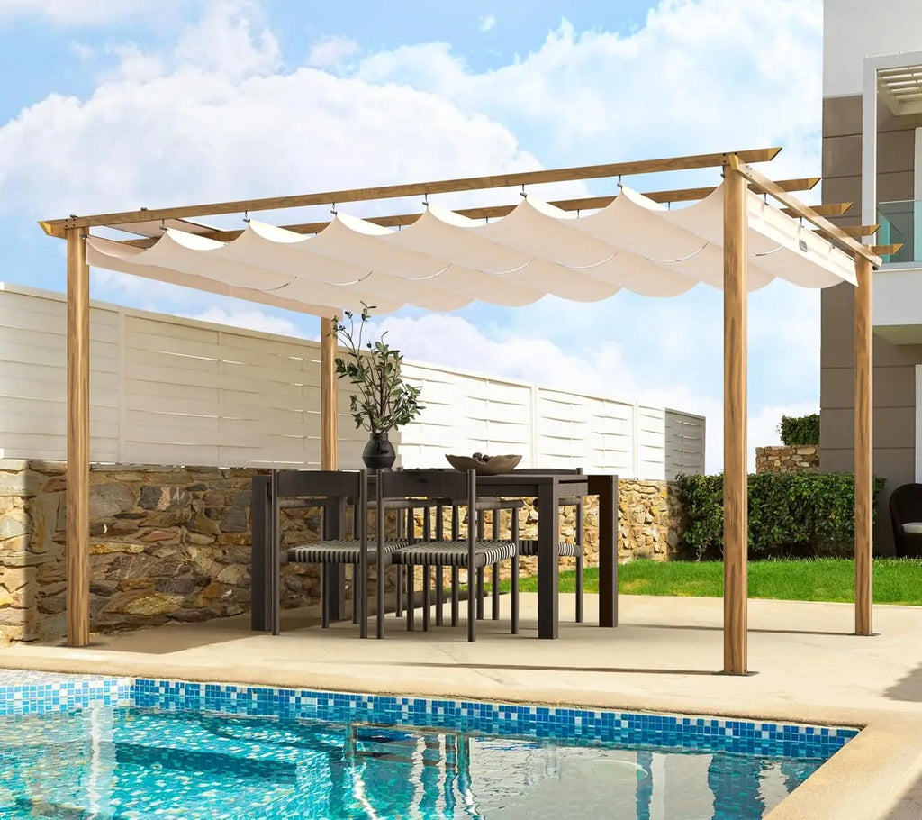 10' X 13' Outdoor Retractable Pergola Canopy for Deck, Backyard, Patio, Aluminum Pergola with Sun Canopy, Includes Ground Studs