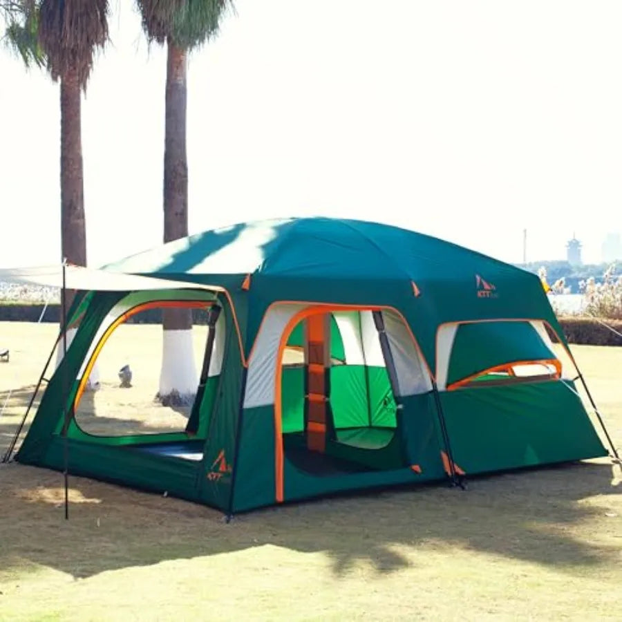 Extra Large Tent 12-14 Person, Family Cabin Tents, 2 Bay-Windows, 2 Rooms and 3 Doors 3 Windows with Mesh, Waterproof, Straight