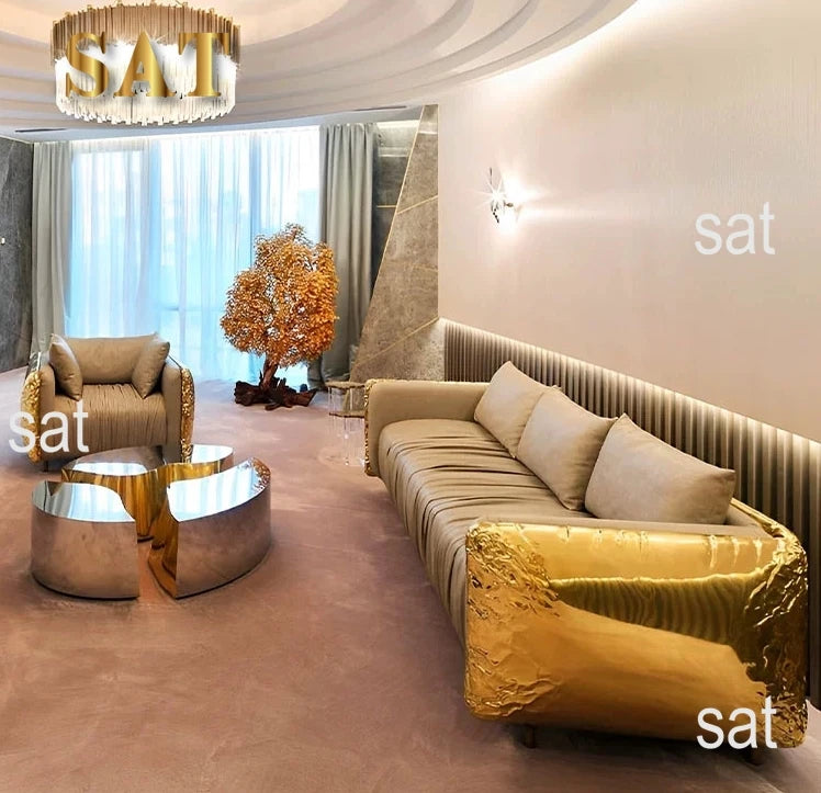 mz-Luxury Furniture Italian High-end Luxury Gold Stainless Steel Pattern Sofa Couch Living Room Sofa for Villa~