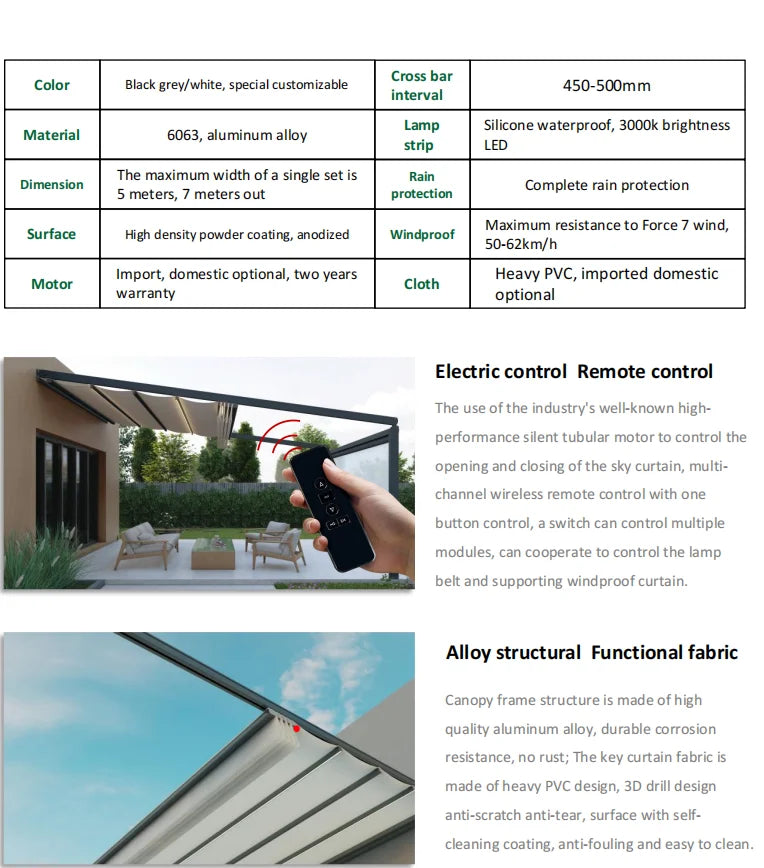 Any Size Custom Wholesale Premium PVC Fabric Cover Motorized Gazebo Auto Retractable Waterproof Outdoor Patio Canopy