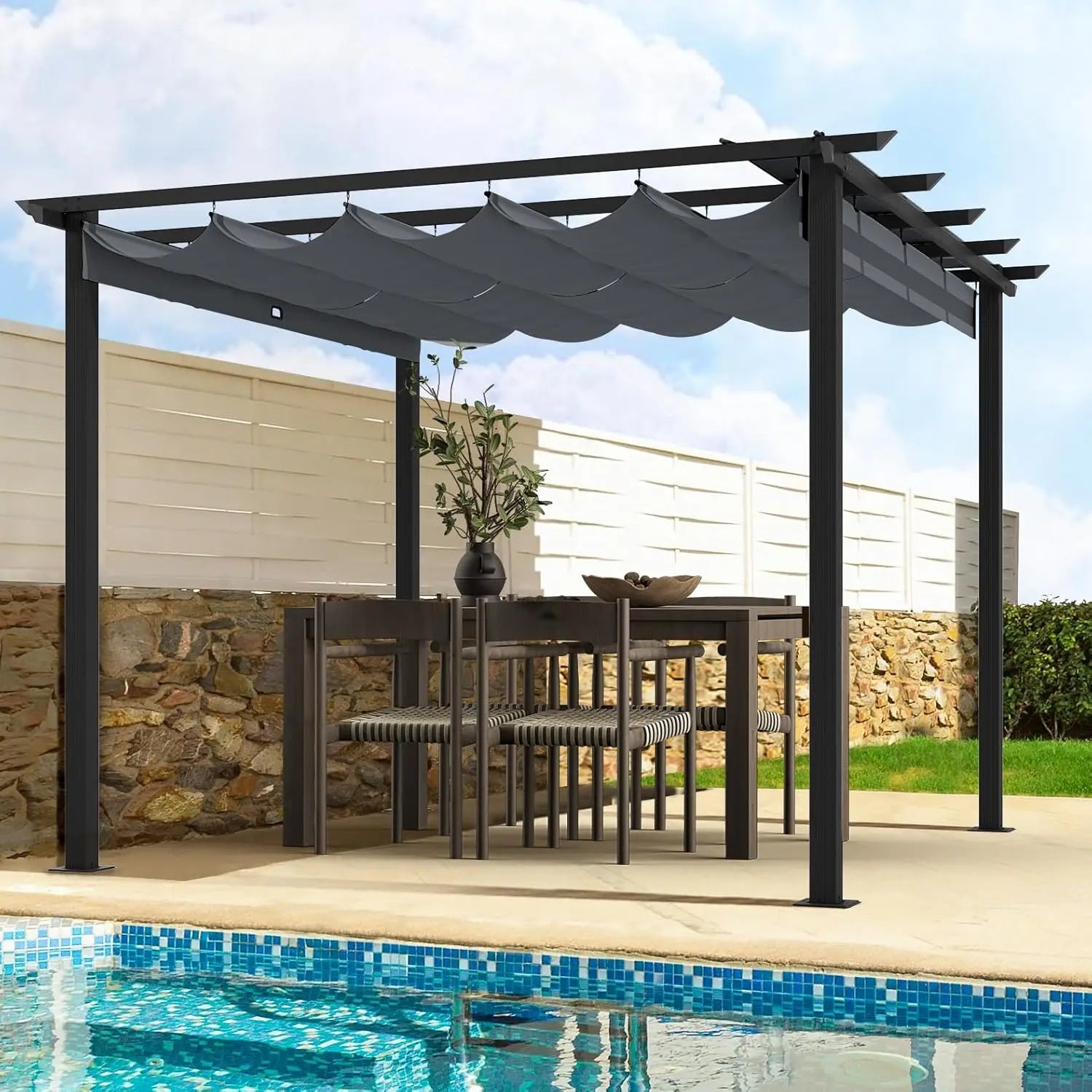10' X 13' Outdoor Retractable Pergola Canopy for Deck, Backyard, Patio, Aluminum Pergola with Sun Canopy, Includes Ground Studs