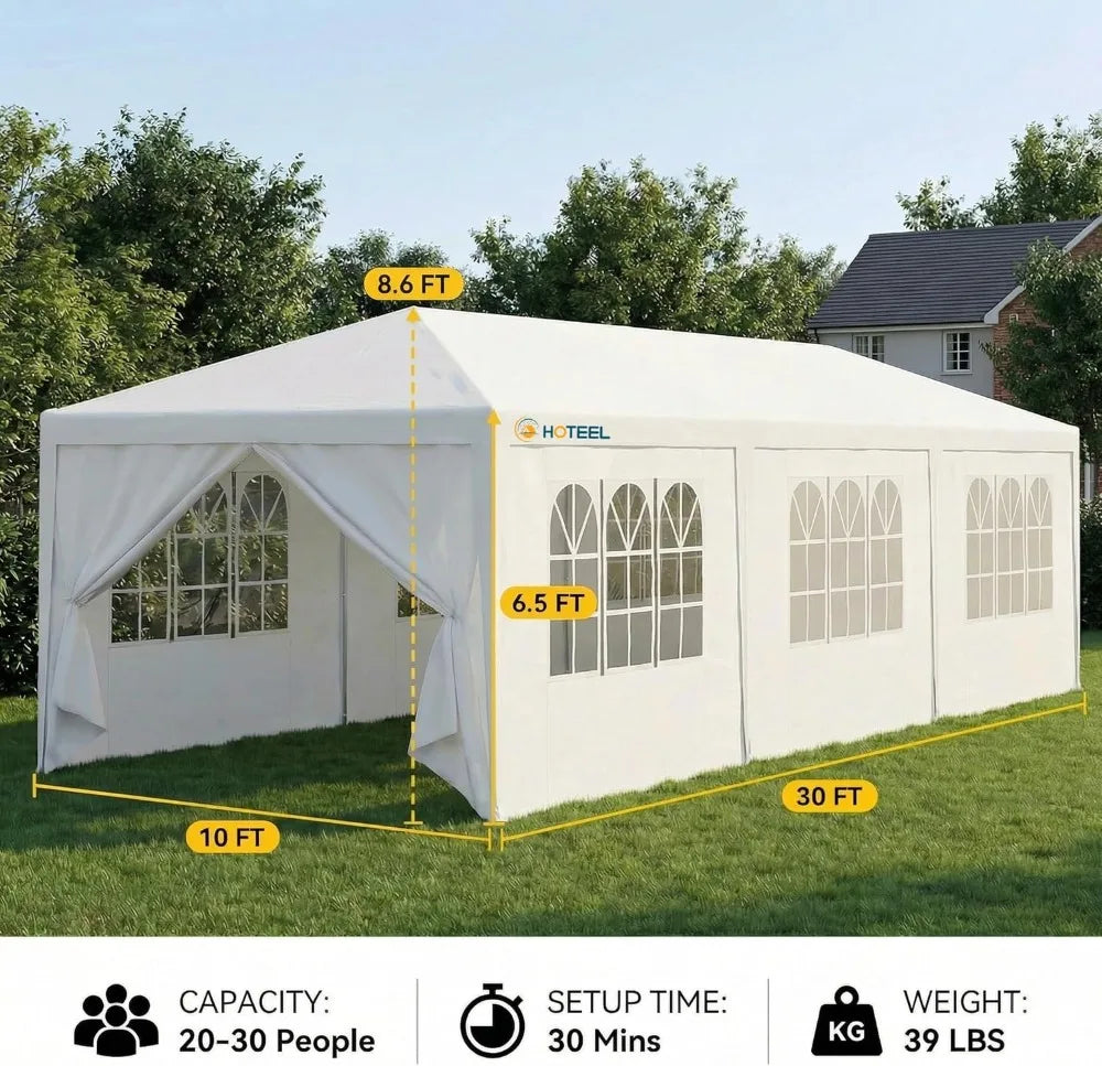 10x30 FT Party Tent with 8 Removable Sidewalls, Waterproof Outdoor Canopy for Patio, Wedding, BBQ