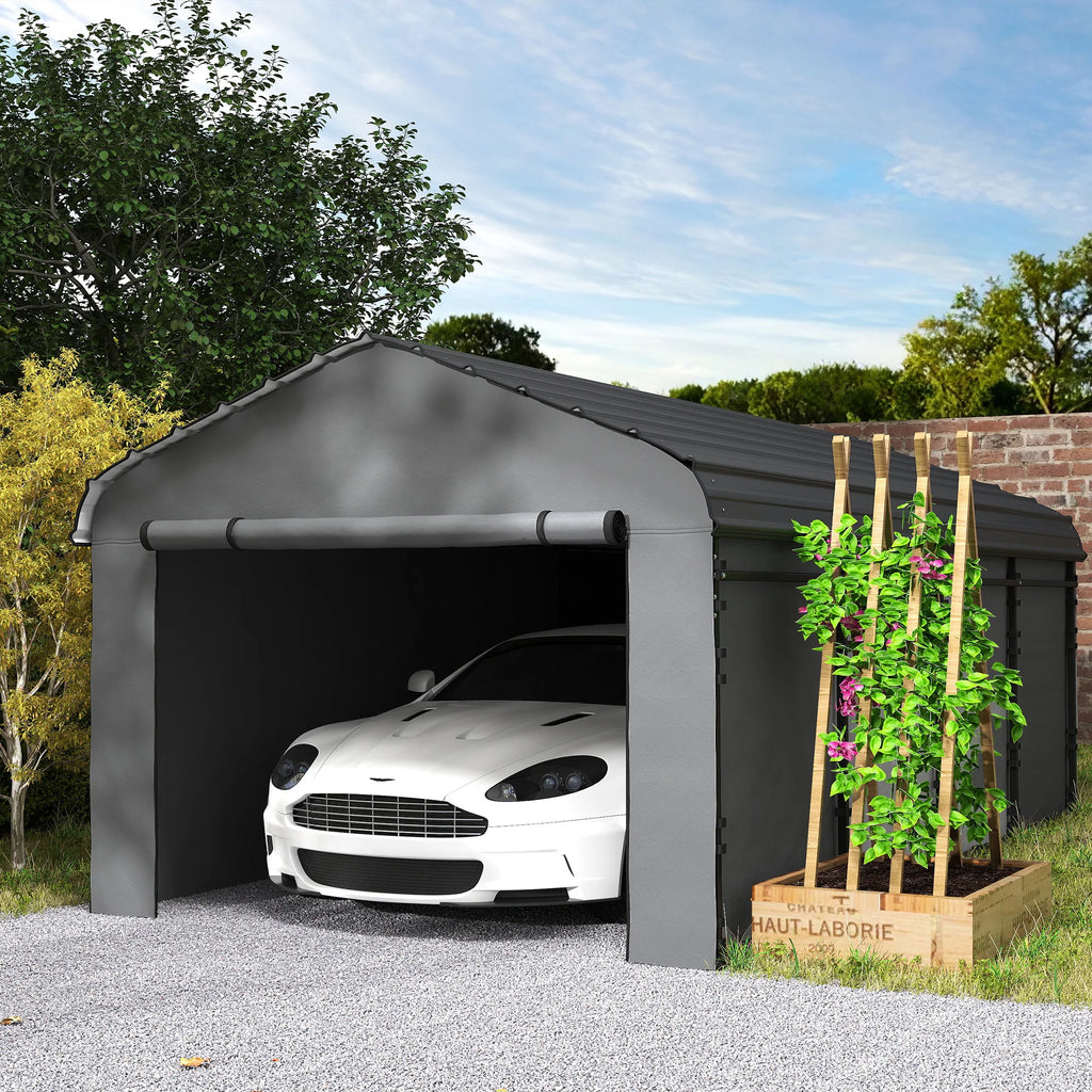 12' x 20' Metal Carport, Heavy Duty Garage Car Canopy with Galvanized Metal Roof and Removable Sidewalls, Dark Gray