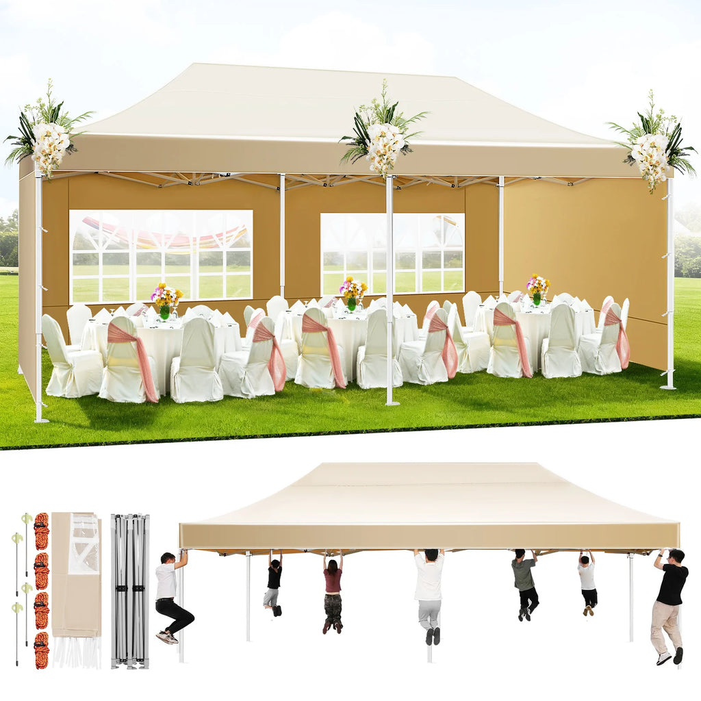 Tente à baldaquin : Tente de mariage extérieure avec fenêtres romaines - Baldaquin pliable pour fêtes dans la cour - Abri pare-soleil en tissu Oxford pour événements