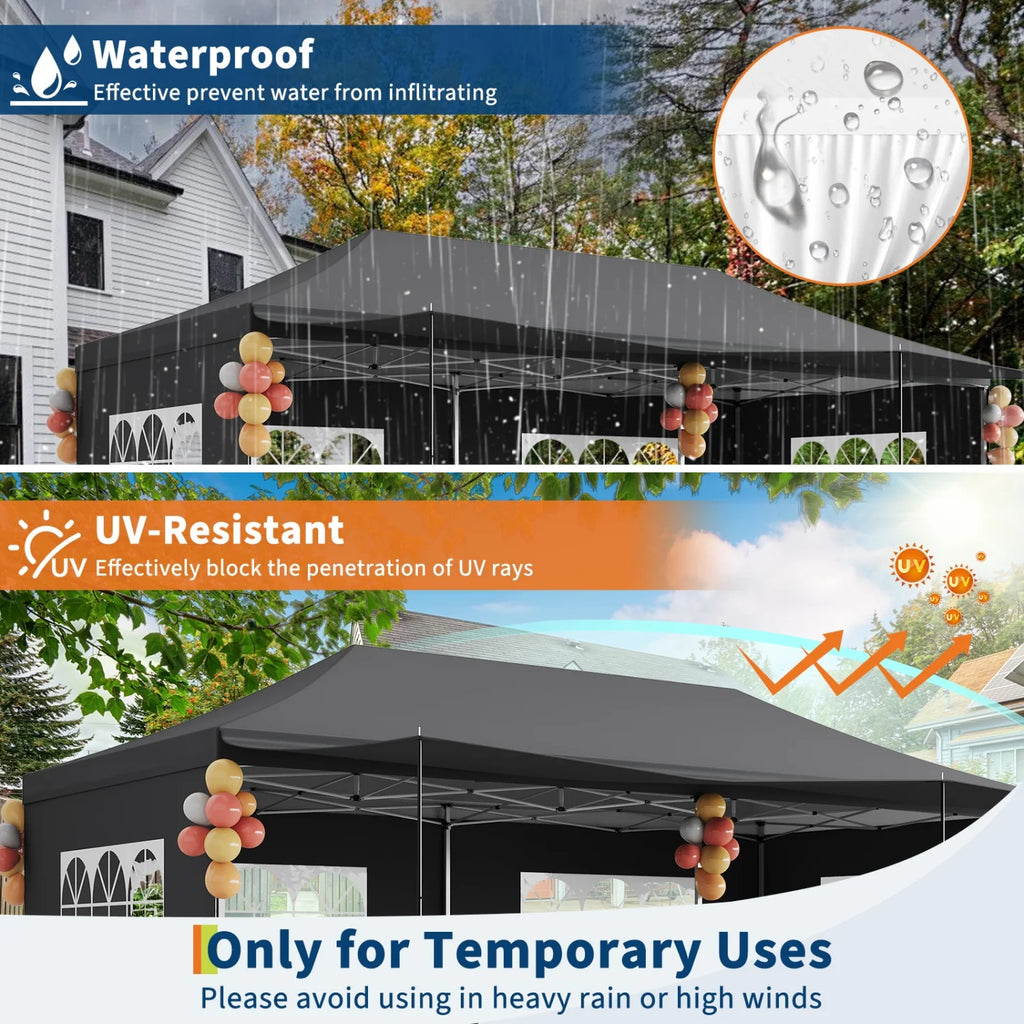 Tonnelle pliante robuste 10x20 pieds - Abri d'extérieur imperméable pour événements - Parois latérales et auvent amovibles, protection UV, pieds épaissis, sac à roulettes, 6 sacs de sable - Idéal pour les fêtes, la t