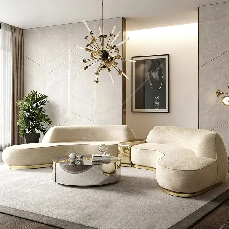 Luxurious Leisure Leather Curved Sofa with Brass Base Couch Elegance Living Room Set Villa Whole House Furniture Customization