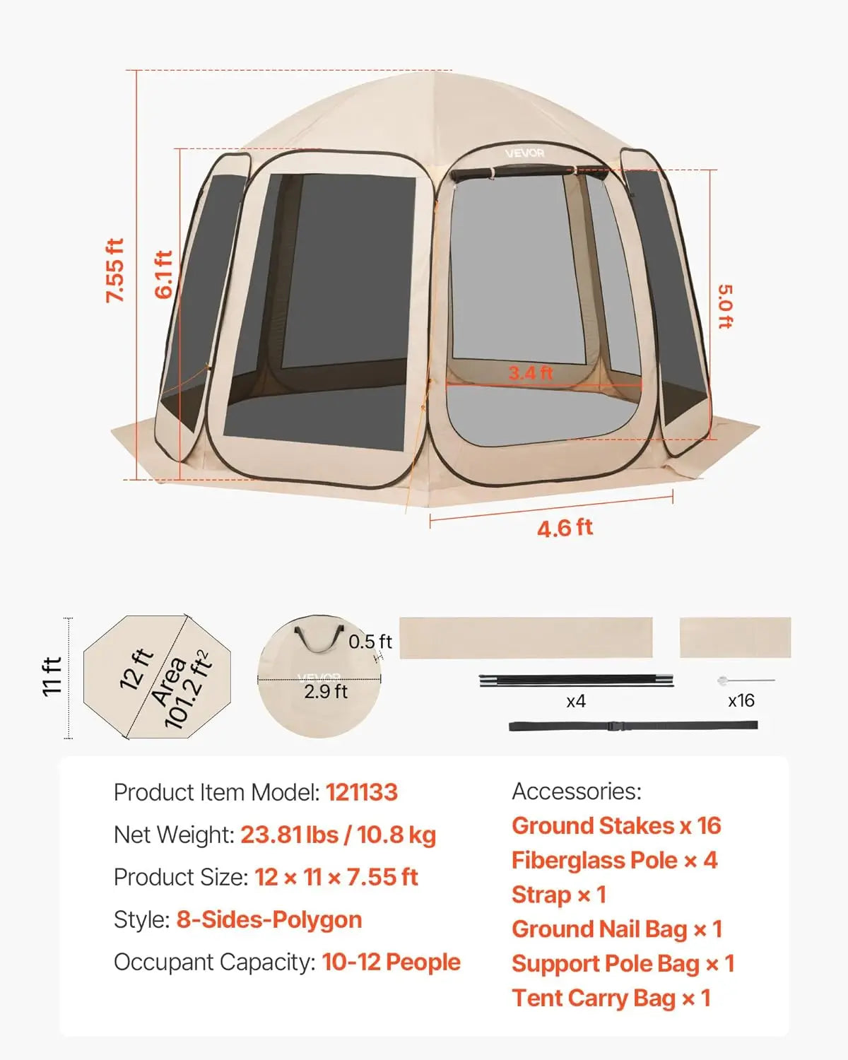 Pop-up Screen House Tent, 12 x 11 ft (approx. 3.7 x 3.4 m), screen gazebo for 10–12 people with extended awning, portable screened enclosure with carry bag and mesh walls, ideal for patios, backyards and outdoor activities