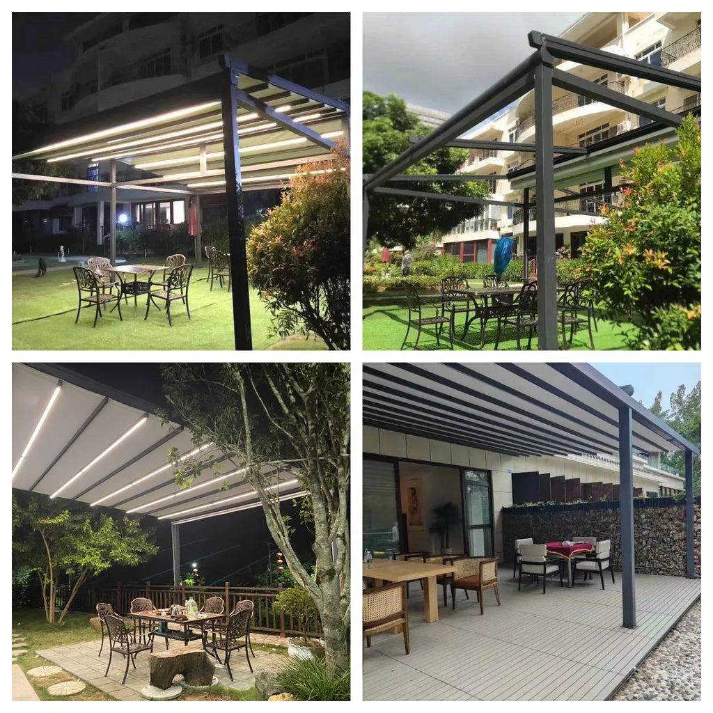 Any Size Custom Wholesale Premium PVC Fabric Cover Motorized Gazebo Auto Retractable Waterproof Outdoor Patio Canopy