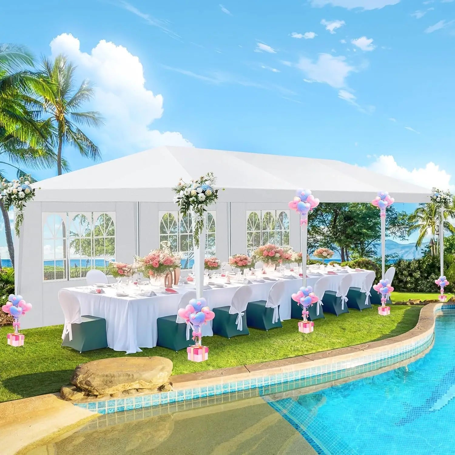10x30 Party Tent, 300 Sq Ft Outdoor Canopy Holds 40+ Guests, with 8 Sidewalls & 2 Zipper Doors for Wedding, BBQ, Baby Shower