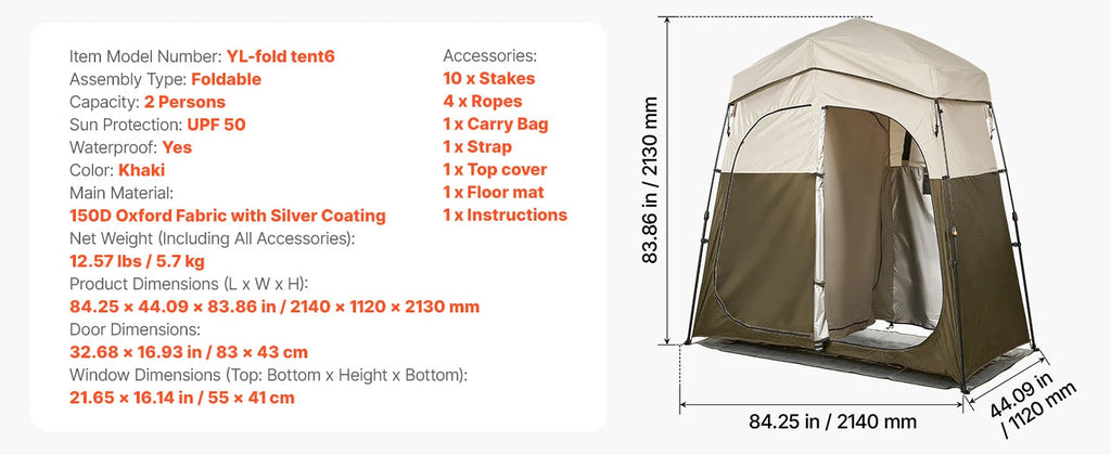 SucceBuy Camping Shower Tent 1 Room Foldable Privacy Tent Changing Room with Ground Stakes Ropes Carry Bag and Crossbar