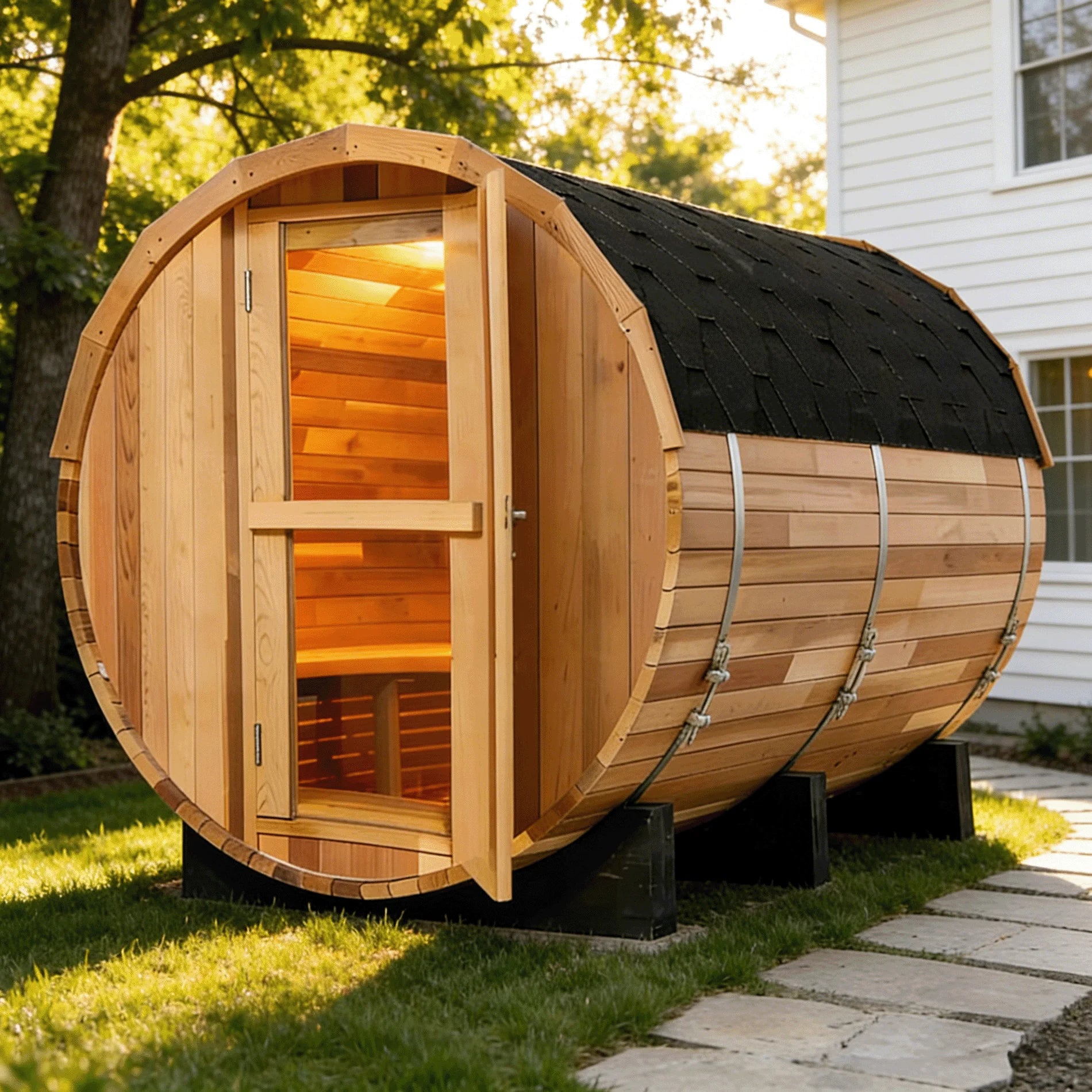 Sauna panoramique extérieur sur mesure, cabine de vapeur ronde, anti-corrosion, anti-fissuration, durable, chauffage intégré, spa à domicile