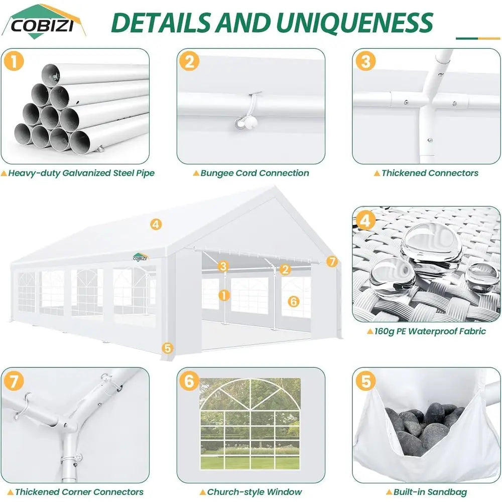 20x30 Outdoor Party Tent Heavy Duty Waterproof Canopy Shelter with 8 Sidewalls amp 12 Church Windows, White Powder Coating, Bui