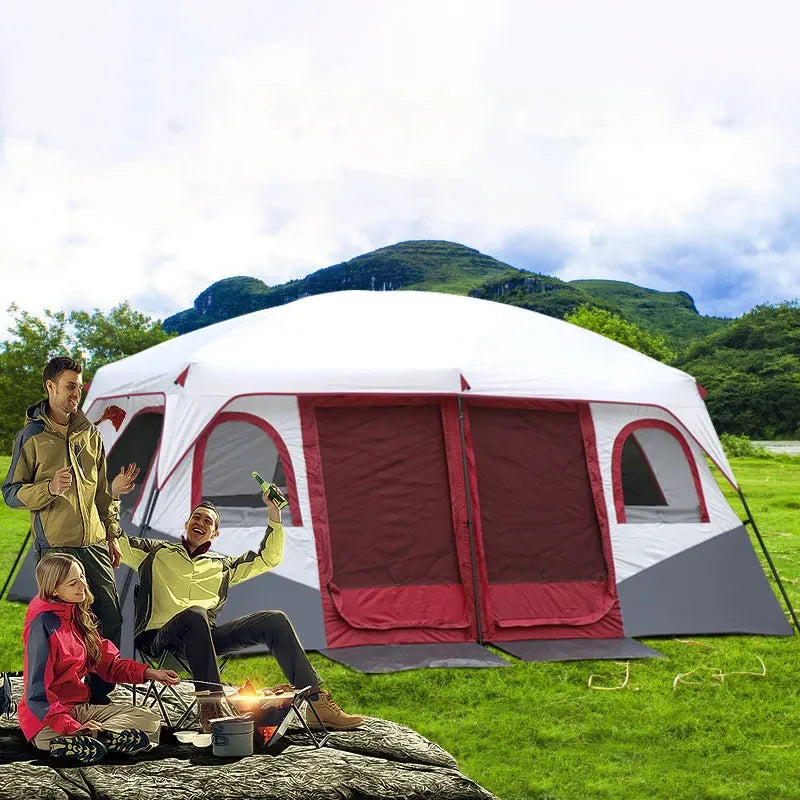Outdoor Tent 2 Rooms Double Layer Family Camping Party 8-12 Persons Waterproof Windproof Top Rainfly Mesh Windows Portable Bag