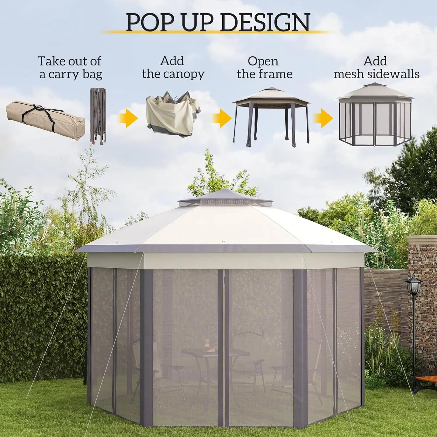 Tonnelle hexagonale pop-up 13x13 pieds avec 6 parois en maille zippées, structure en acier, pour patio, jardin, mariage, fête, personnalisable