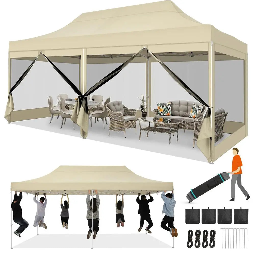10x20 Heavy Duty Pop  Canopy Tent with 6 Sidewalls, Easy Set  Outdoor Waterproof Screen Commercial Party Tent with Mosquito