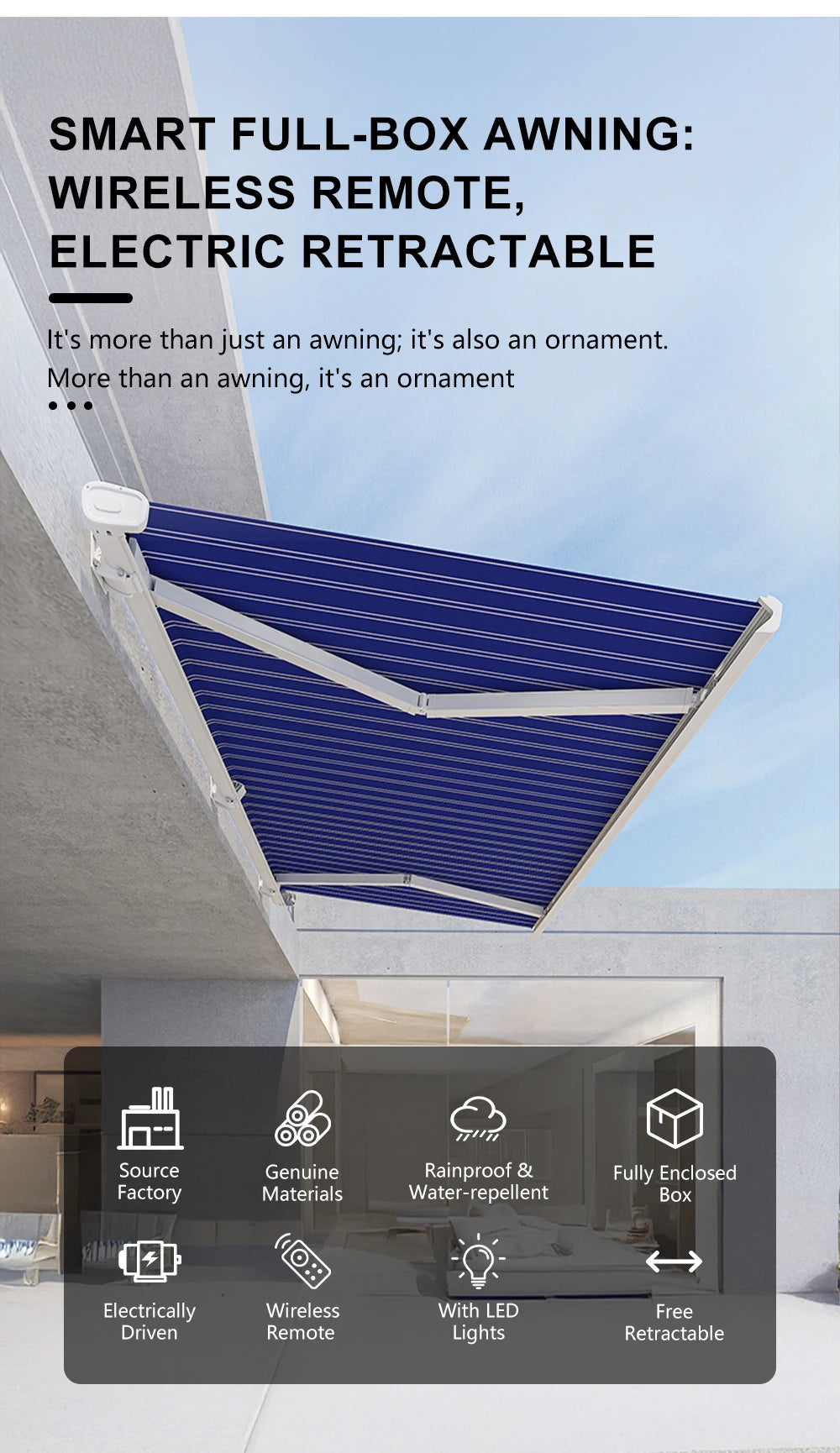 Motorized Electric Retractable Full Cassette Aluminum Awnings Rain Canopy Outdoor Patio Folding Arm Awning 7m Projection Retract