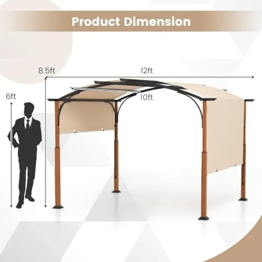 Arched Patio Shelter Pavilion with Retractable Sun Shade  Extra Large Outdoor Pergola for Deck Porch Garden Yard