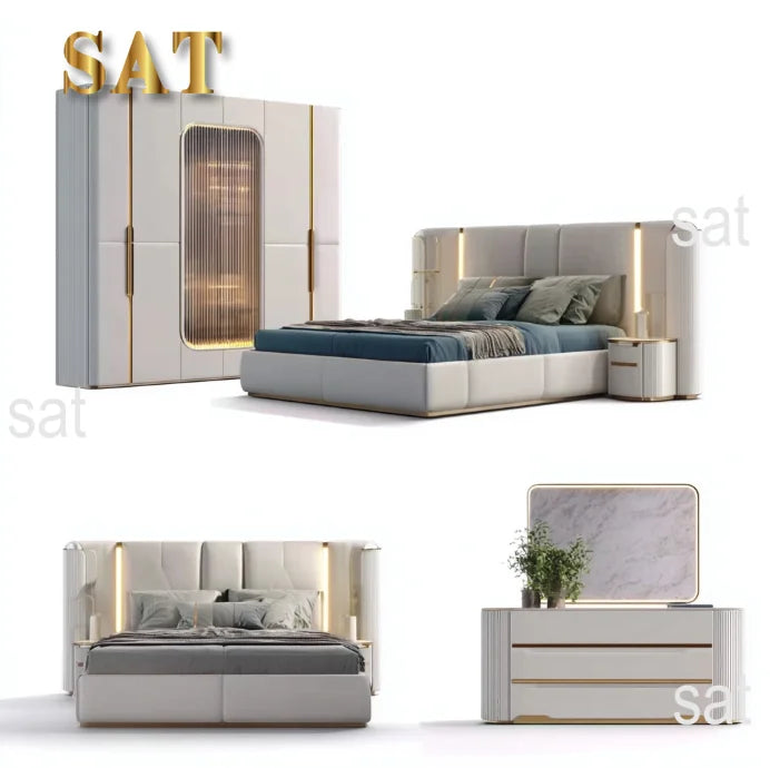 # Ensembles de chambre à coucher en cuir de luxe, lit double moderne avec rangement, pour appartement et hôtel, ensemble de meubles de chambre king size