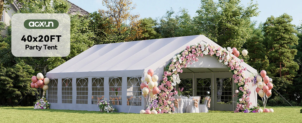 Aoxun 20x40 Party Tent,Waterproof Canopy with Removable Sidewalls & Roll-up Door,Steel Frame for Wedding BBQ Camping,White