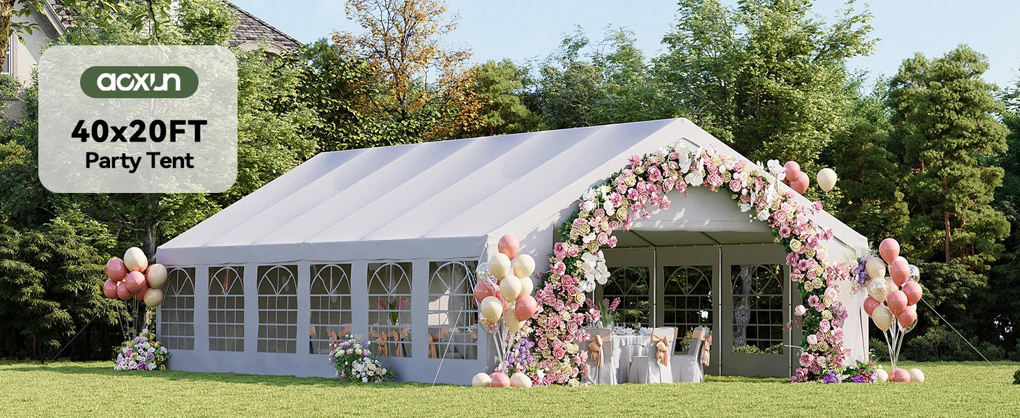 Aoxun 20x40 Party Tent,Waterproof Canopy with Removable Sidewalls & Roll-up Door,Steel Frame for Wedding BBQ Camping,White