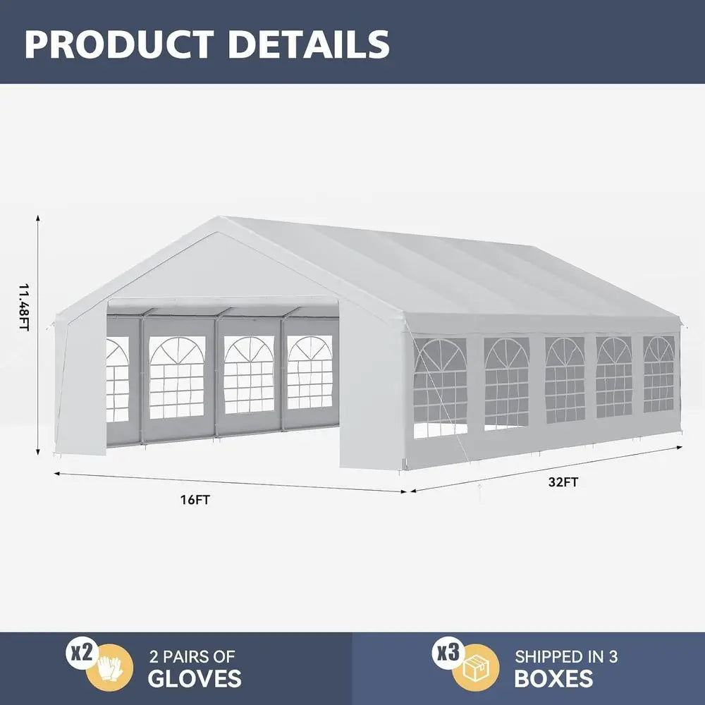 Party Tent 16x32 Heavy Duty, Waterproo Outdoor Event Tent with Removable Sidewalls & Roll-Up Door, Portable Carport or Wedding,