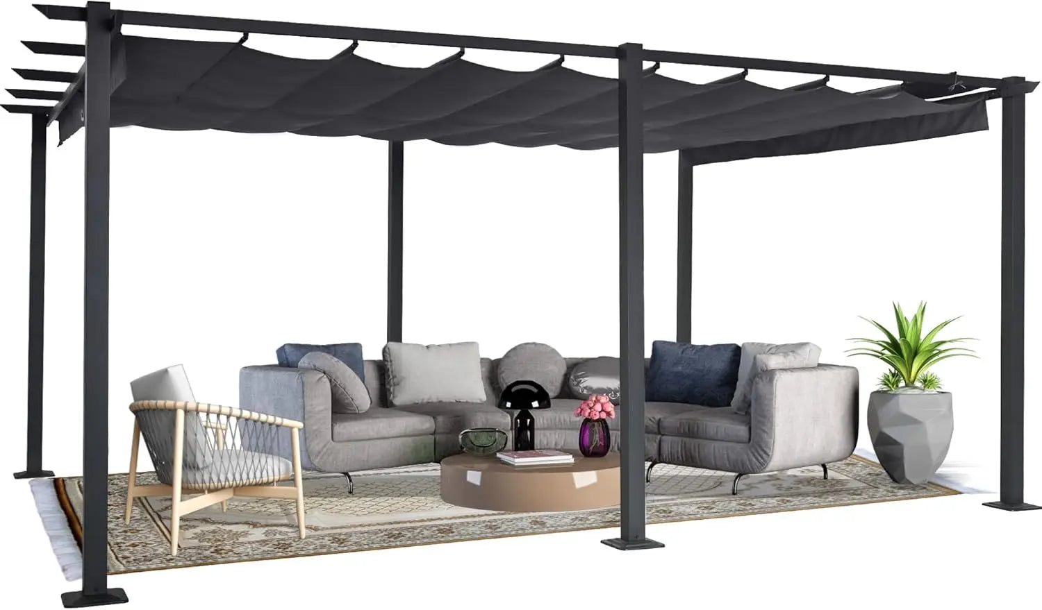 10' X 13' Outdoor Retractable Pergola Canopy for Deck, Backyard, Patio, Aluminum Pergola with Sun Canopy, Includes Ground Studs