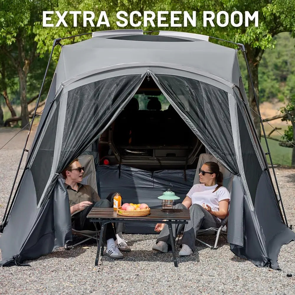 59 Person SUV Tent with Screen Porch and Awning for Family Camping, Weather Resistant and Portable Van or Car Tent, Includes Ra