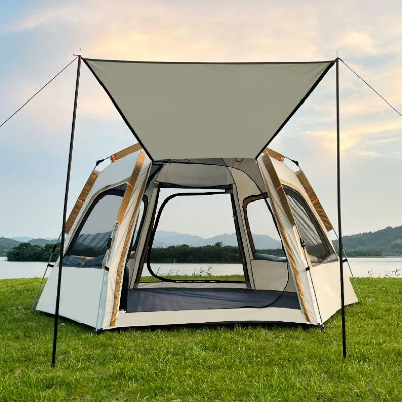 Portable Hexagon Pop Up Tent Outdoor 1 Room 1 Living Space Easy Setup Ventilated Park Camping Canopy Sunshade Party Tent