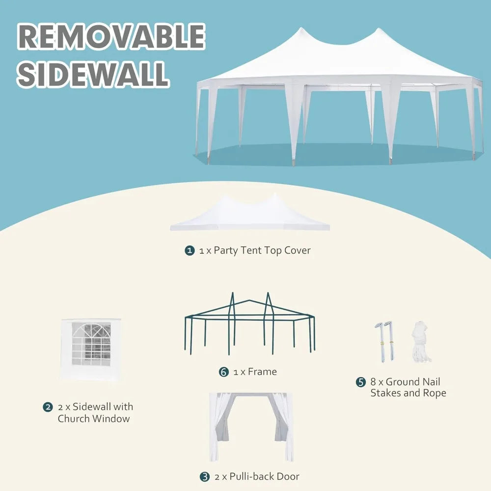 26'x19' Party Tent, White Wedding Tent, Decagonal Heavy Duty Canopy with 8 Removable Sidewalls, 8 Church Windows and 2 Pull-Bac