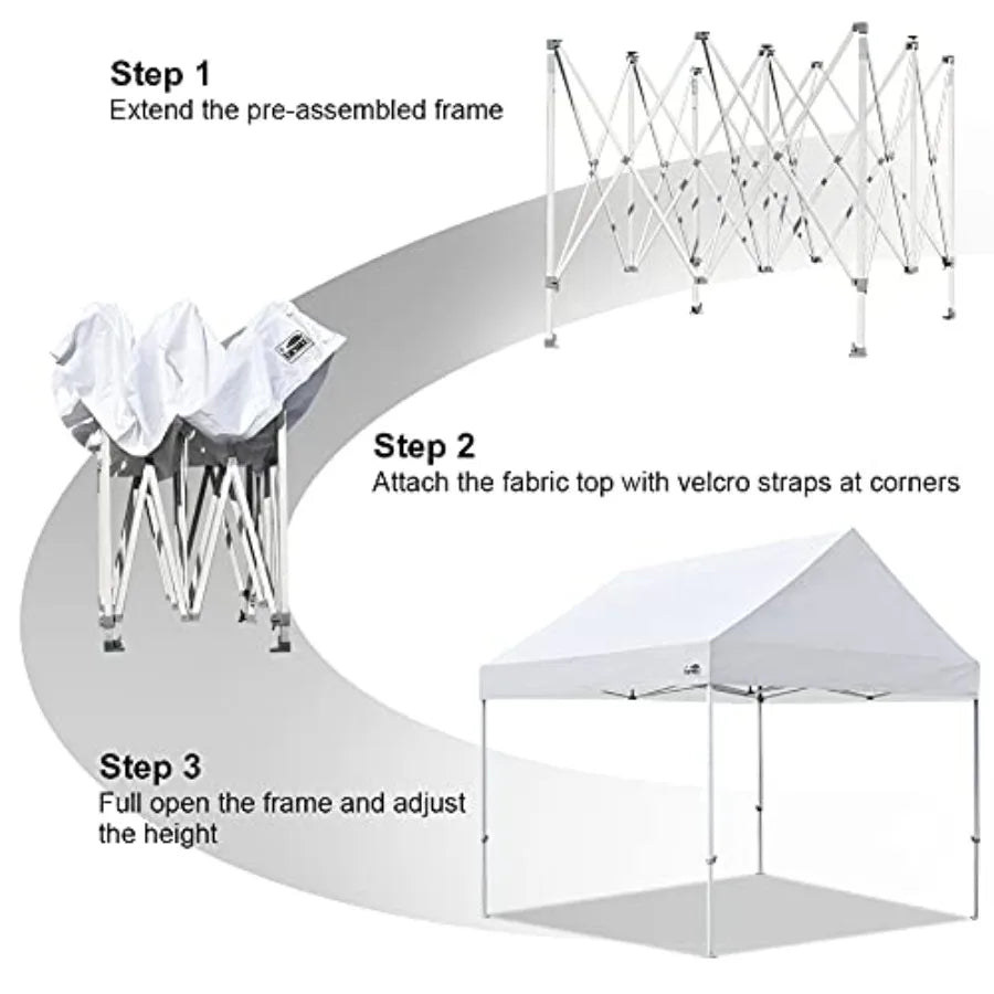 Party tent for outdoor events, snow white polyester fabric, instant pop-up setup with USA patent, includes heavy duty roller ba